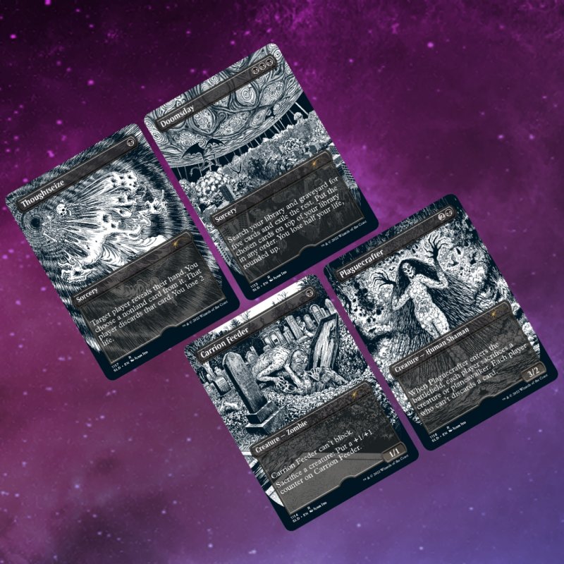 Non dovrebbe sorprendere nessuno il fatto che le carte scelte per la collaborazione con Junji Ito sia tutte a mana nero