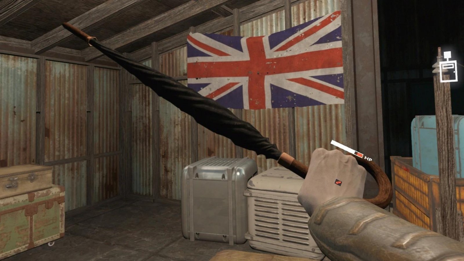 Un ombrello in Fallout London VR e una bandiera inglese sullo sfondo