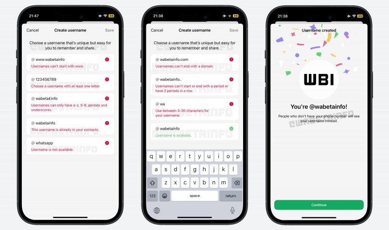 La scelta dell'username su WhatsApp (fonte: wabetainfo) La scelta dell'username su WhatsApp (fonte: wabetainfo)