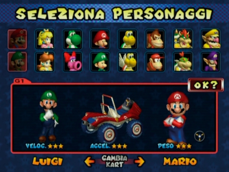 Con il doppio dei piloti su ogni go-kart, deve allargarsi significativamente anche l'elenco dei personaggi disponibili. Double Dash!! è anche il primo Mario Kart tradotto in italiano