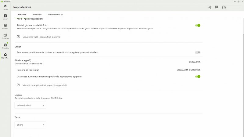 Il tema chiaro dell'app NVIDIA