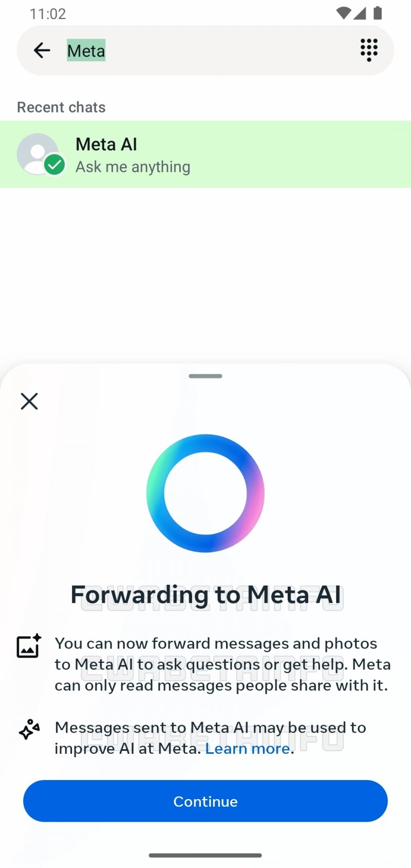 L'avviso che la funzione di inoltro di messaggi a Meta AI è disponibile