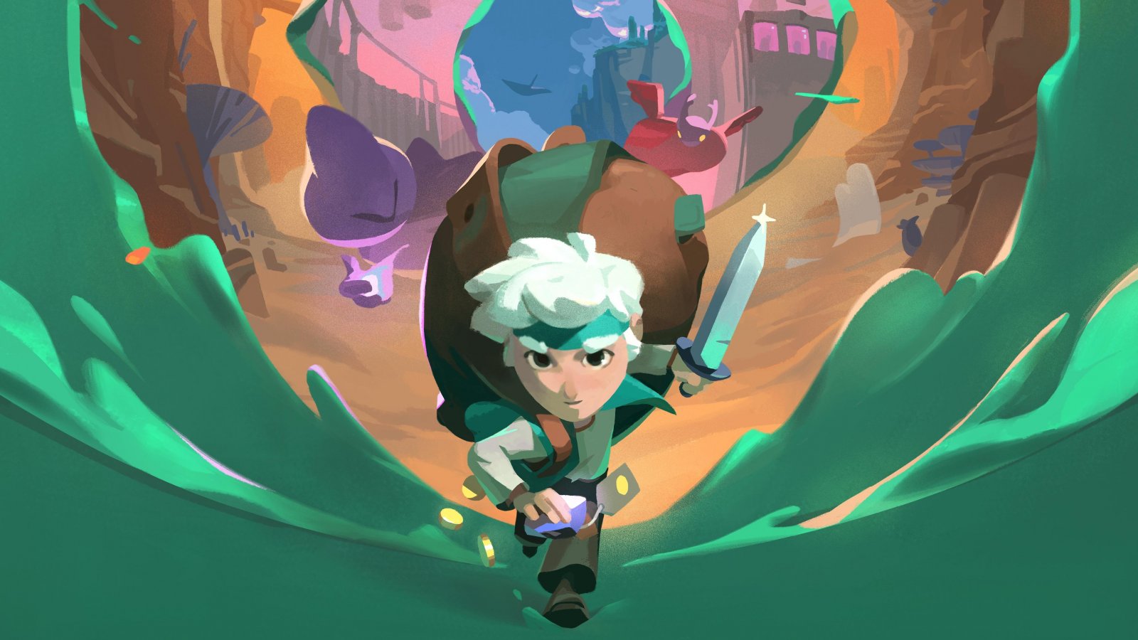 Il protagonista di Moonlighter 2: The Endless Vault chinato in avanti con una spada e un sacco sulla spalle