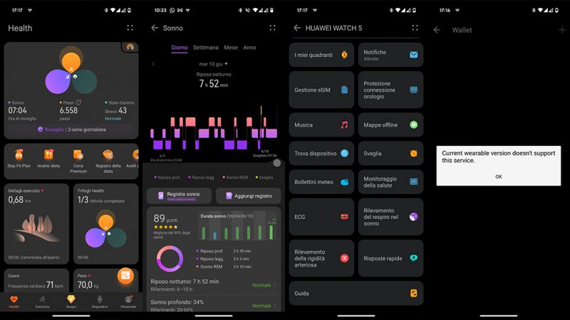 L'interfaccia di Huawei Health; l'ultima schermata evidenzia la mancata compatibilità con i sistemi di pagamento in Italia
