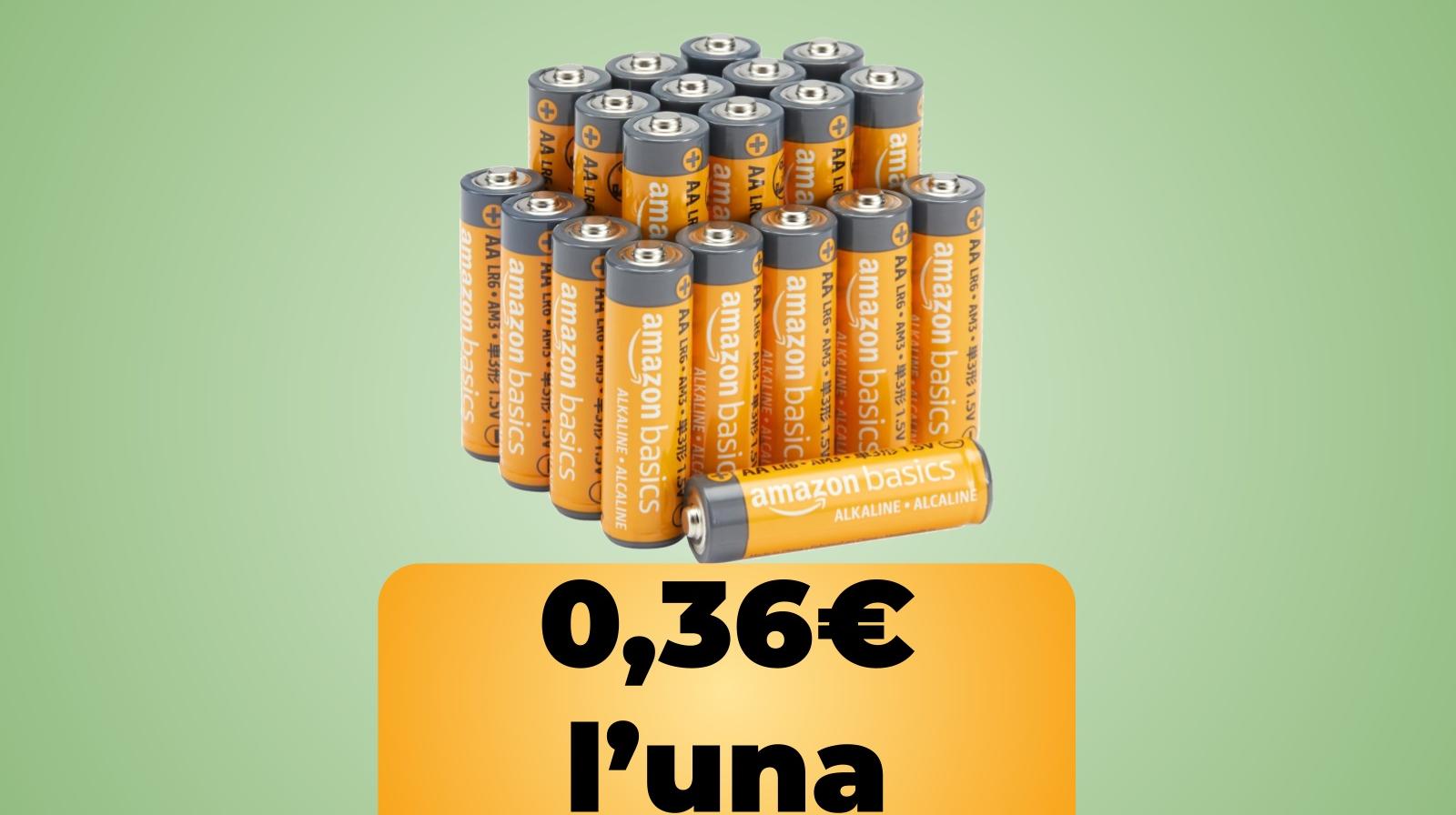 le batteria AA Amazon Basics e la scritta 0,36€ l'una