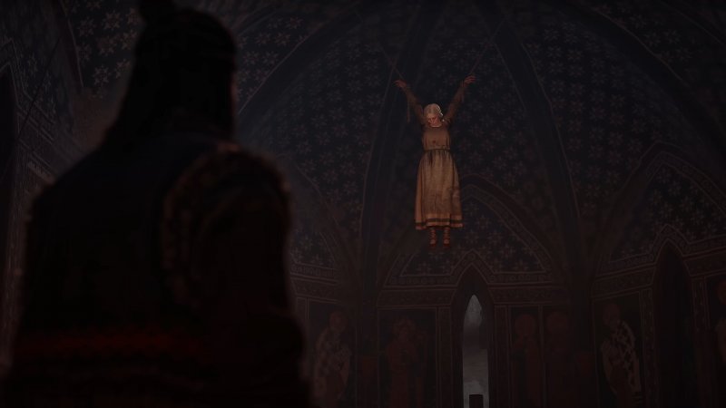 Una donna appesa in una chiesa in The Blood of Dawnwalker