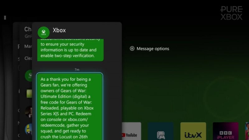 Uno screenshot con un messaggio di Xbox contenente il codice