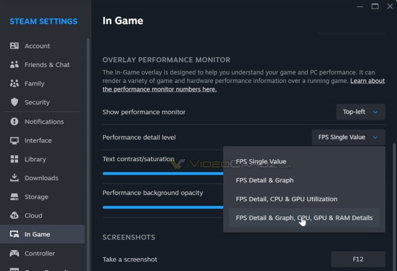 Le nuove impostazioni del performance monitor di Steam (fonte: videocardz) Le nuove impostazioni del performance monitor di Steam (fonte: videocardz)