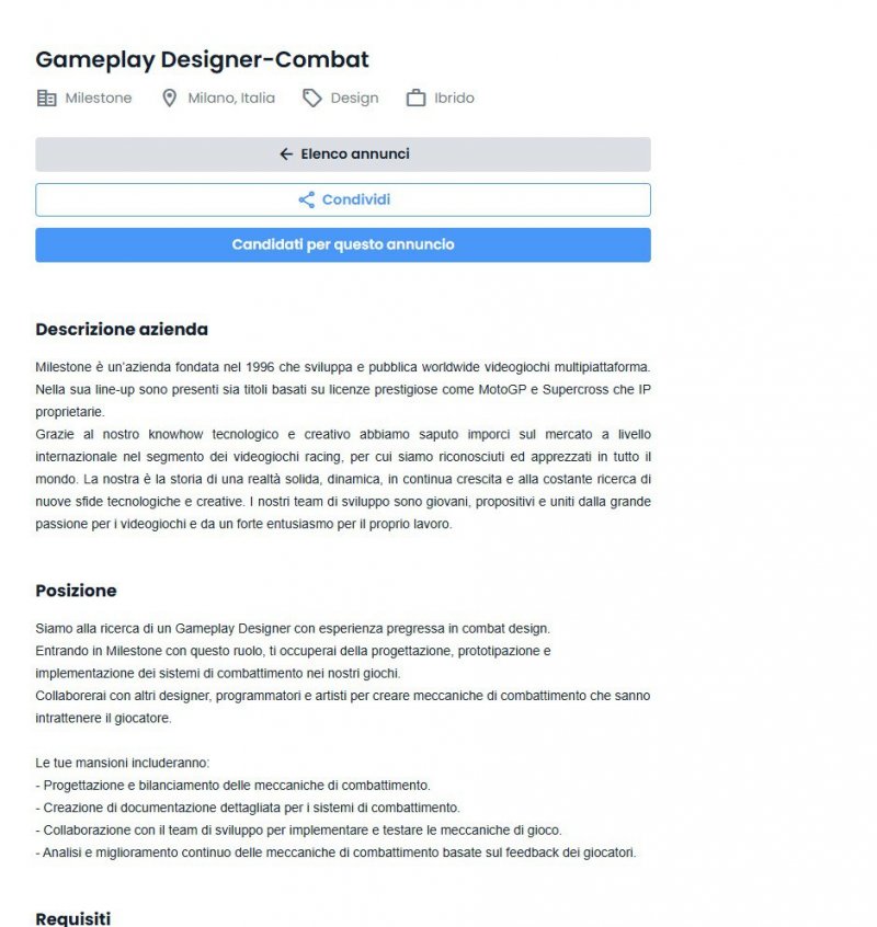 L'annuncio lavorativo di Milestone