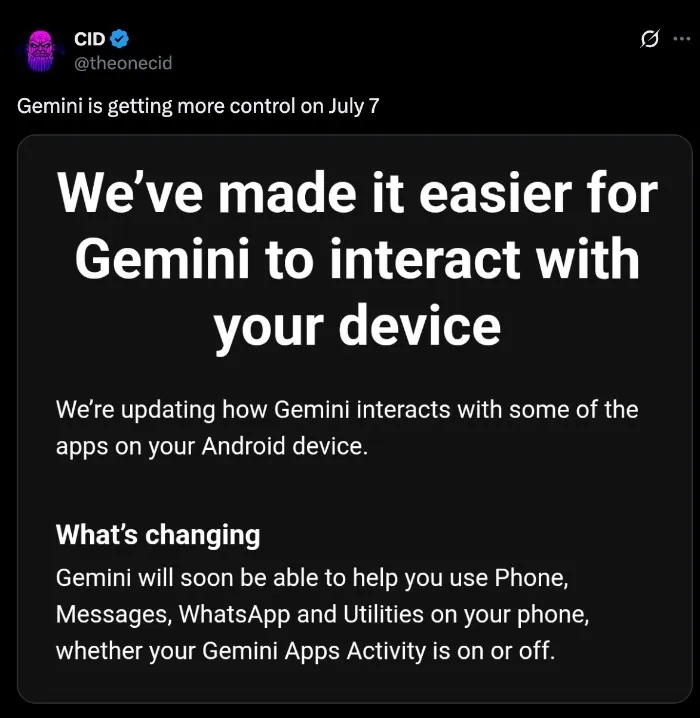 L'e-mail legata ai cambiamenti di Gemini