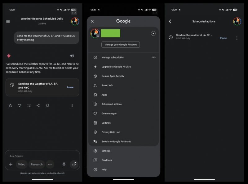Le azioni programmate di Gemini (Fonte: 9to5Google)