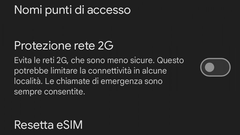 L'opzione per disabilitare le reti 2G