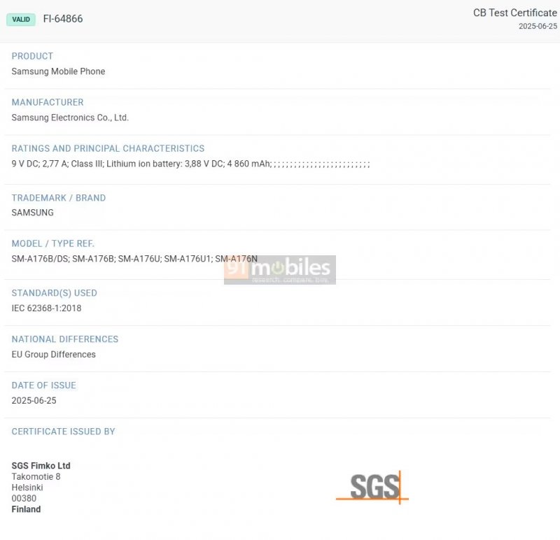 La certificazione SGS Fimko di Samsung Galaxy A17 (fonte: 91mobiles)