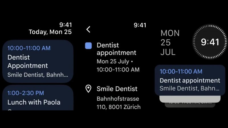 Google Calendar su Apple Watch: ogni appuntamento o attività ha una sua scheda con codice colore che mostra l'orario in alto, seguito dal nome e dal luogo; un tocco sulla scheda permette di visualizzare maggiori dettagli (fonte: 9toGoogle) Google Calendar su Apple Watch: ogni appuntamento o attività ha una sua scheda con codice colore che mostra l'orario in alto, seguito dal nome e dal luogo; un tocco sulla scheda permette di visualizzare maggiori dettagli (fonte: 9toGoogle)