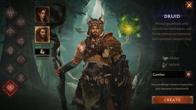 Il Druido in fase di editing in Diablo Immortal