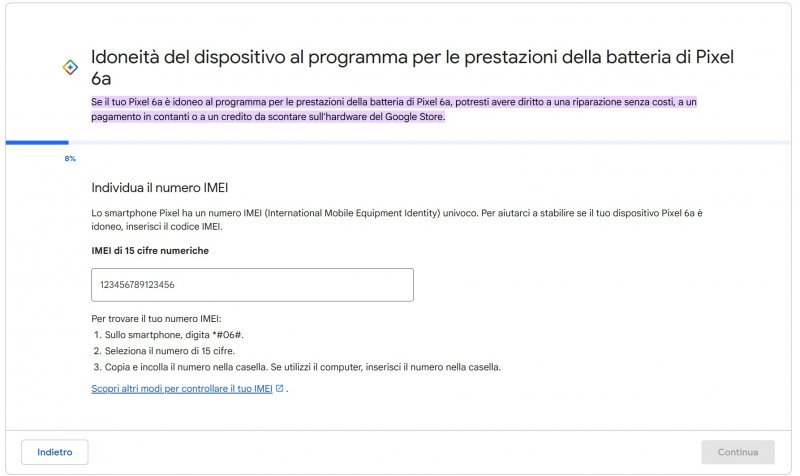 La pagina di inserimento dell'IMEI per la verifica dell'idoneità del dispositivo al programma per le prestazioni della batteria di Pixel 6a
