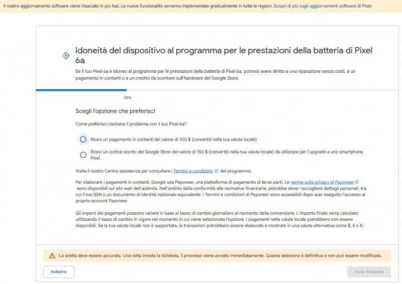 Le opzioni a disposizione degli utenti italiani per il programma relativo al Pixel 6a