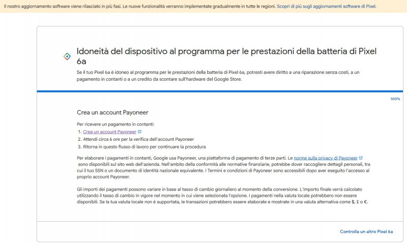 La richiesta di creazione di un account Payoneer