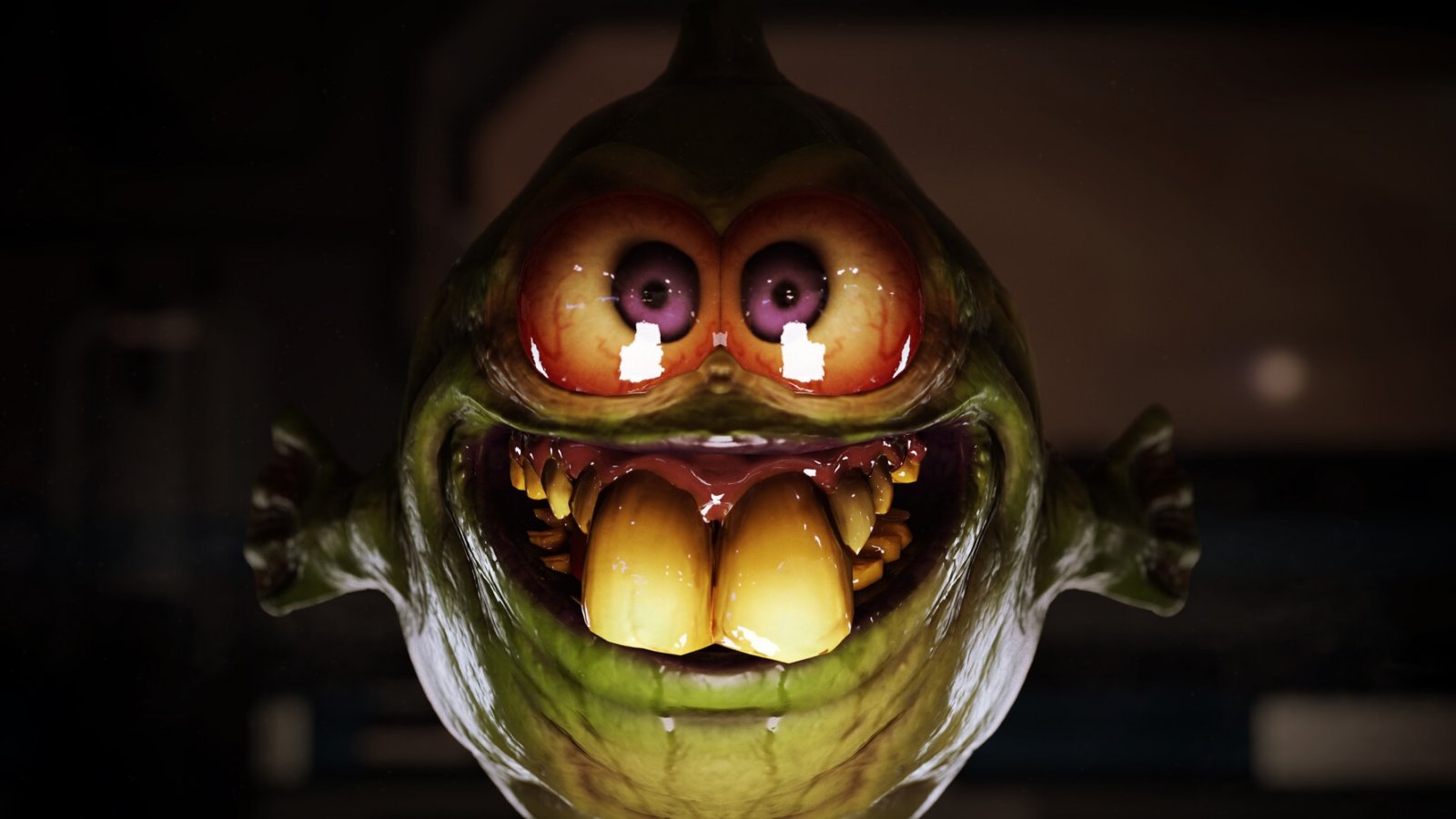 Figura intera frontale del Dopefish proveniente da Doom Eternal