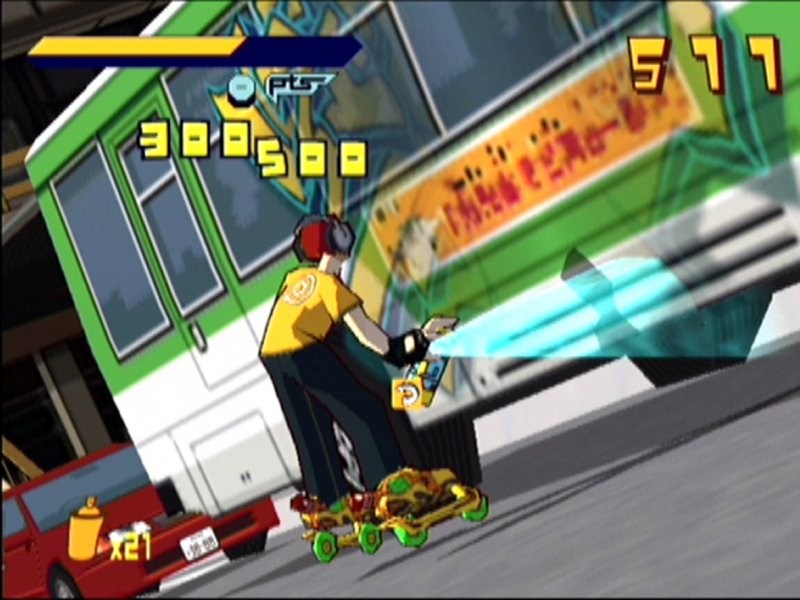 Beat, il più riconoscibile tra i protagonisti di Jet Set Radio, completa un graffito su un autobus alla stazione di Shibuya, nelle fasi di apertura del gioco