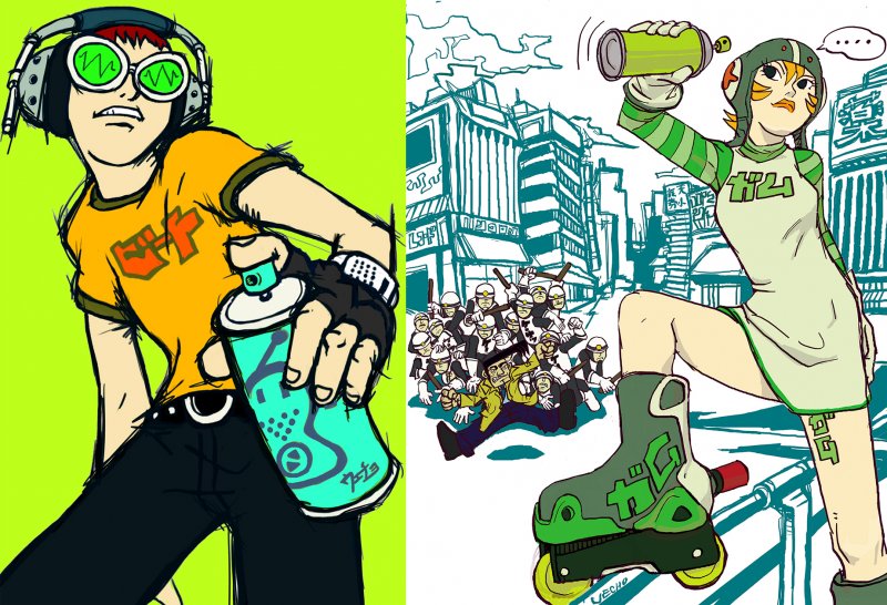 Non solo la grafica in-game: Jet Set Radio è memorabile anche nelle tante e strepitose illustrazioni realizzate per promuovere il gioco. Questi sono Beat e Gum, due dei Grace & Glory