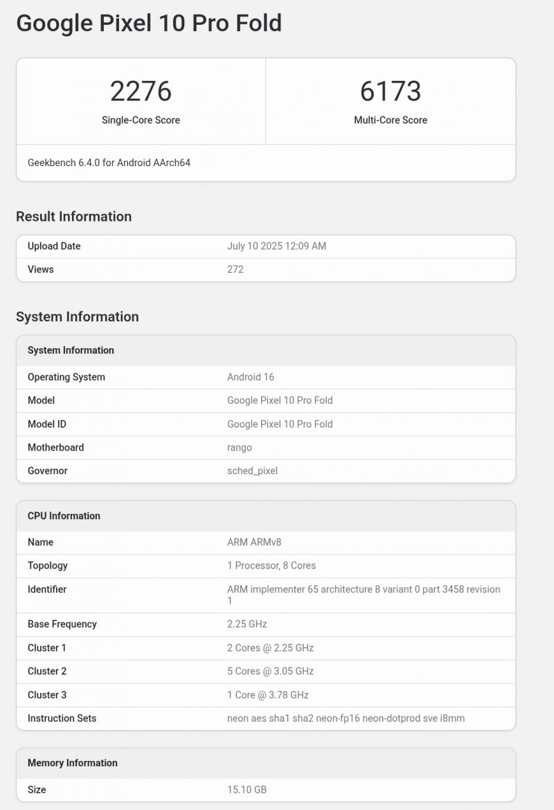 I numeri del Tensor G5 di Pixel 10 Pro su Geekbench 6