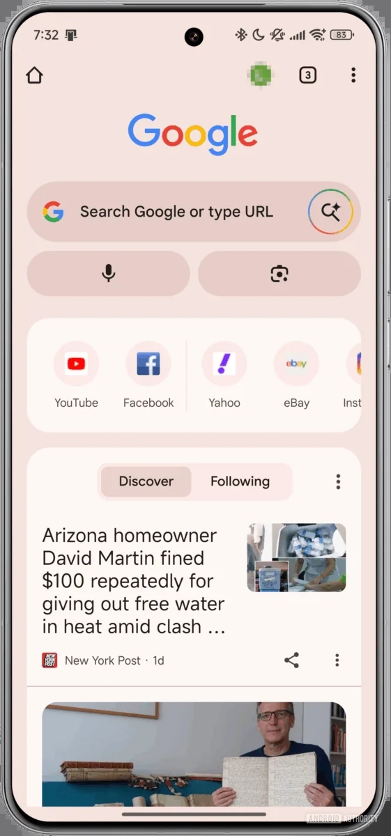 La nuova interfaccia di Google Chrome (Fonte: Android Authority)