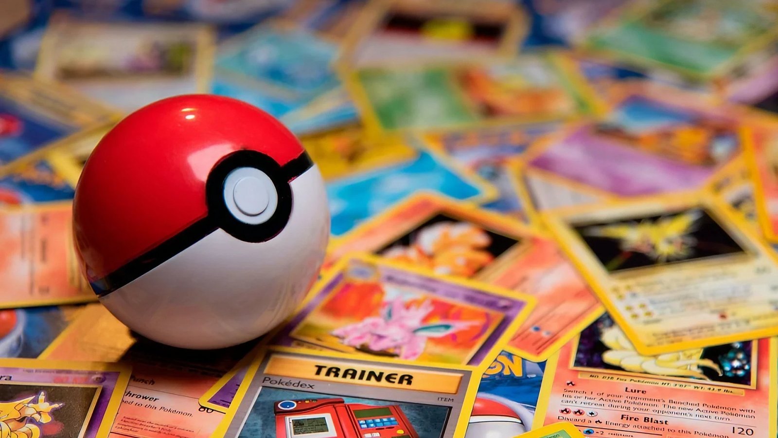 Una Pokeball su di un letto di carte Pokémon