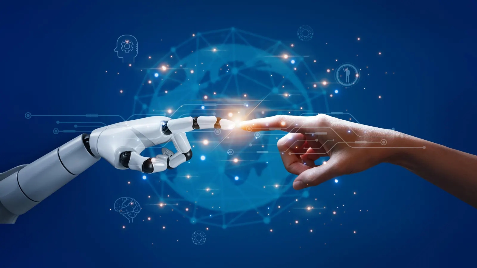 Due mani che si incontrano e due dita che si toccano, quella di una donna e quella di un robot