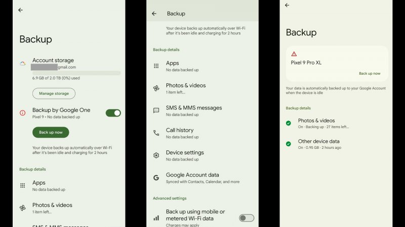 La vecchia interfaccia di backup di Android (le due immagini a sinistra) a confronto con la nuova (a destra), fonte Android Authority La vecchia interfaccia di backup di Android (le due immagini a sinistra) a confronto con la nuova (a destra), fonte Android Authority
