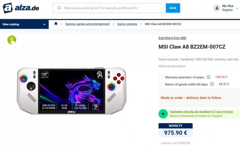 La pagina di MSI Claw A8 su Alza.de