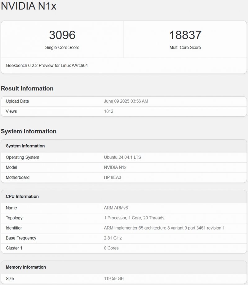 I punteggi del SoC NVIDIA N1X su Geekbench 6 I punteggi del SoC NVIDIA N1X su Geekbench 6