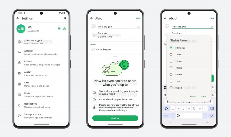 Le schermate di selezione della durata dello stato testuale nelle info su WhatsApp (fonte: wabetainfo) Le schermate di selezione della durata dello stato testuale nelle info su WhatsApp (fonte: wabetainfo)