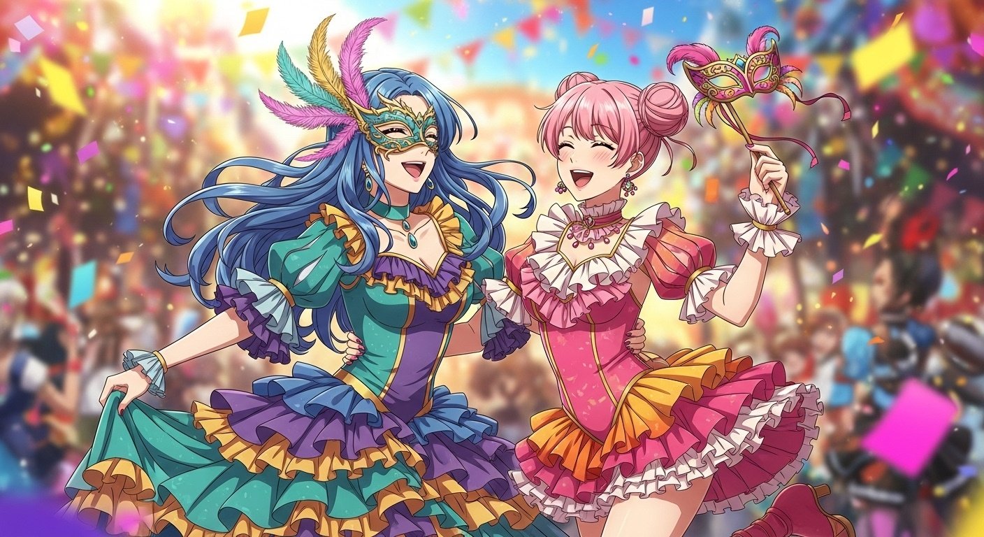 Due donne ballano insieme al carnevale