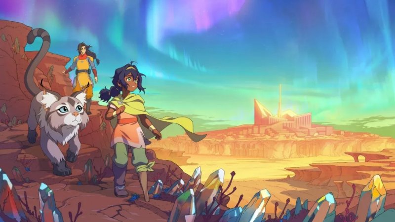 I personaggi di Avatar: Seven Havens in un deserto roccioso con una città sullo sfondo I personaggi di Avatar: Seven Havens in un deserto roccioso con una città sullo sfondo