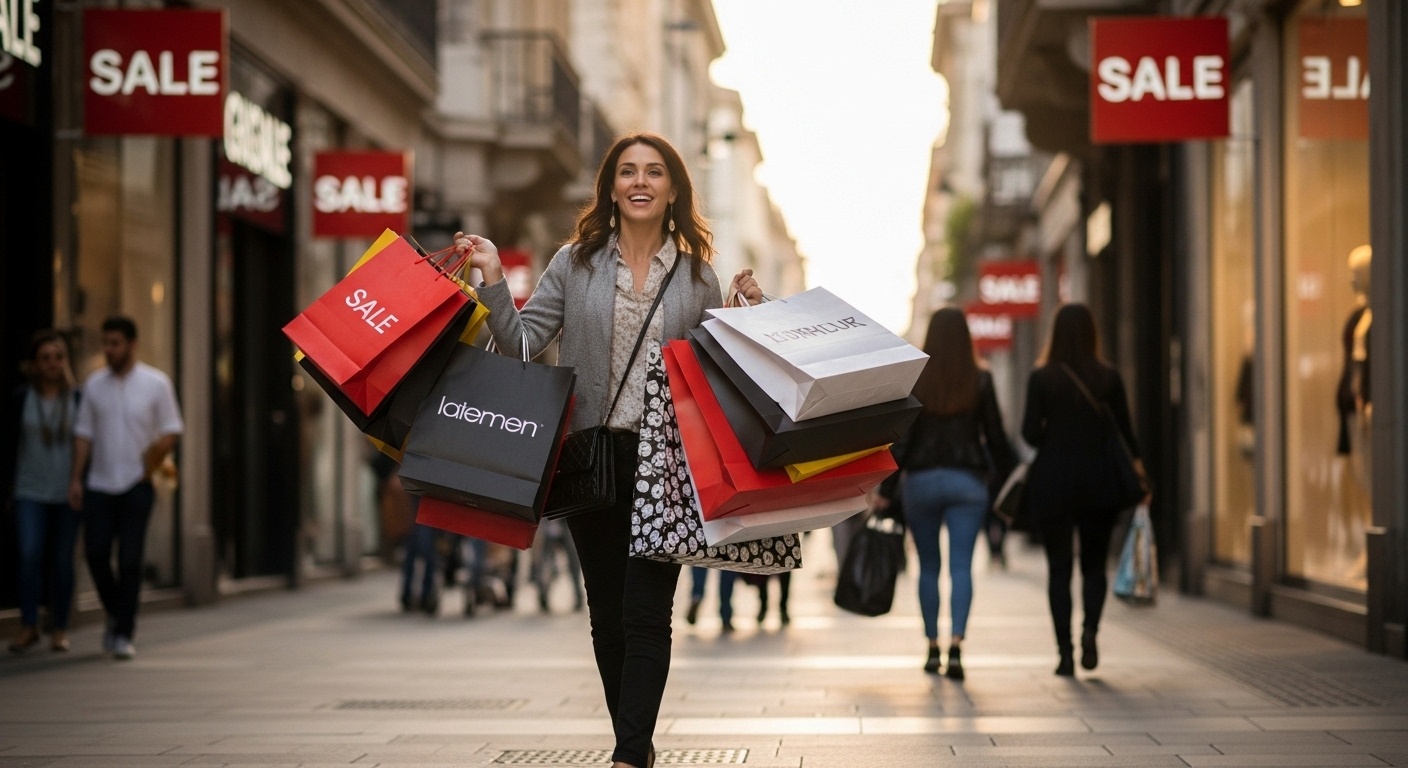 Una donna con tanti prodotti acquistati durante i saldi