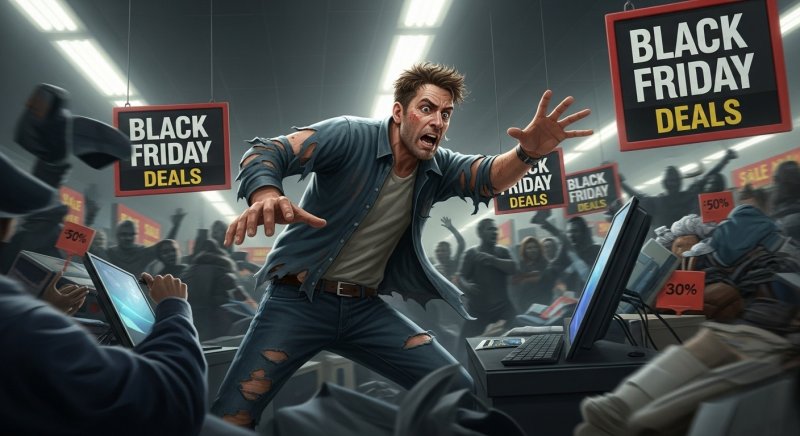 Un uomo che lotta per le offerte del Black Friday Un uomo che lotta per le offerte del Black Friday