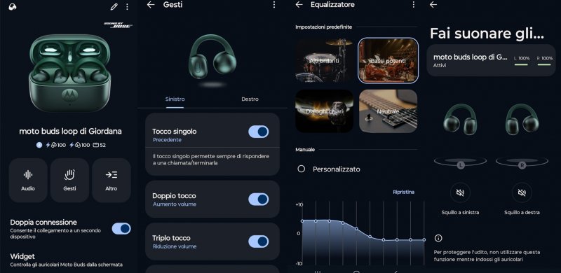 Una serie di screen della applicazione Moto Buds Una serie di screen della applicazione Moto Buds