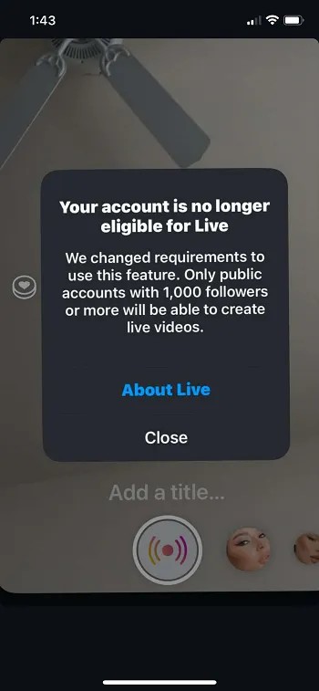 La notifica con cui Meta ha annunciato il limite di 1.000 follower per le live