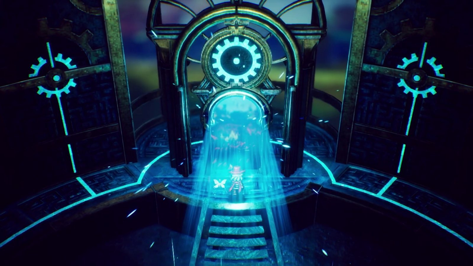 Un tempio meccanico con una luce azzurra in The Adventures of Elliot The Millennium Tales