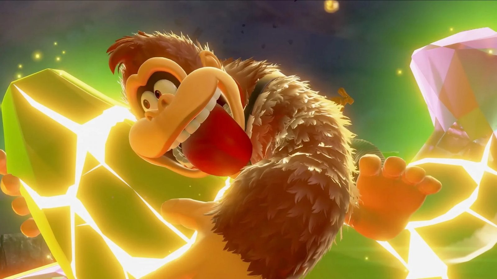 Donkey Kong stringe una delle banane appena recuperate in Donkey Kong Bananza