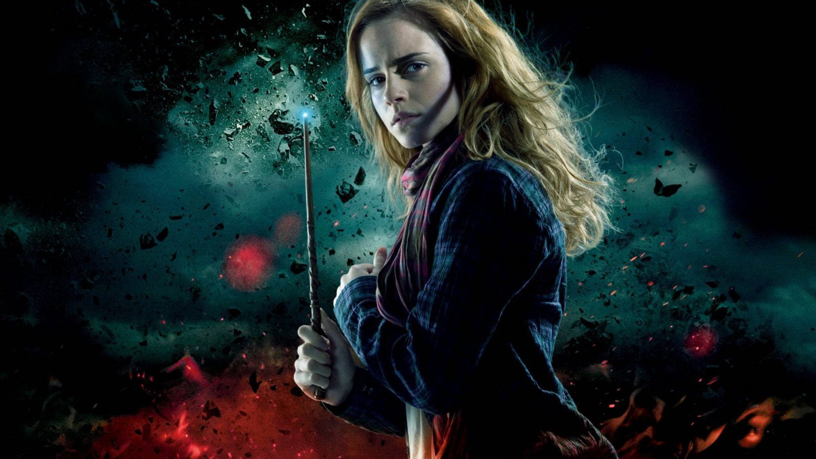 Hermione Granger con la bacchetta sollevata