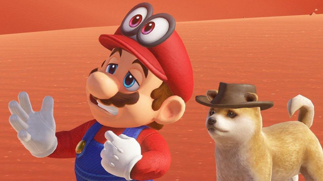 Mario che ha caldo con un cane col cappello in un deserto rosso