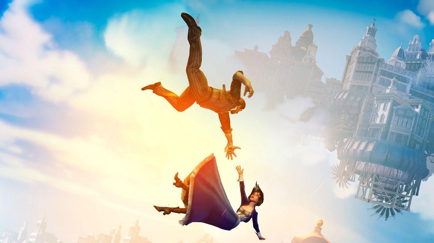 Booker e Elizabeth in BioShock Infinite mentre cadono in cielo