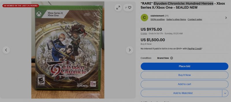 L'inserzione di eBay di Eiyuden Chronicle: Hundred Heroes