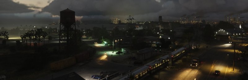 Una veduta notturna della città di Port Gellhorn