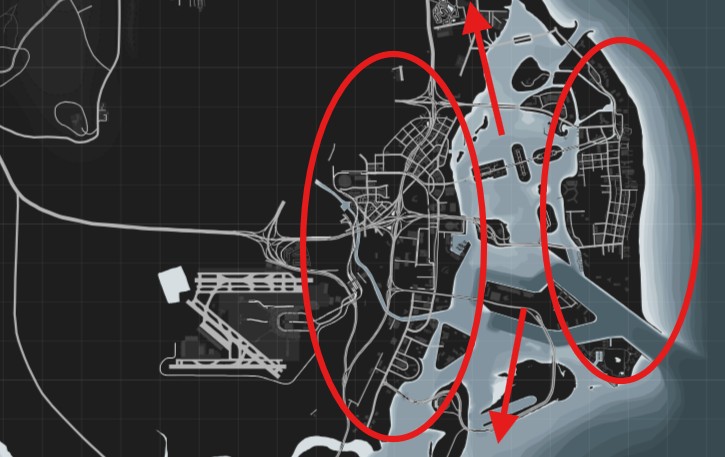 L'area metropolitana di Vice City si divide fra la Mainland e Vice Beach, mentre a nord si procede verso Leonard e a sud verso le Keys