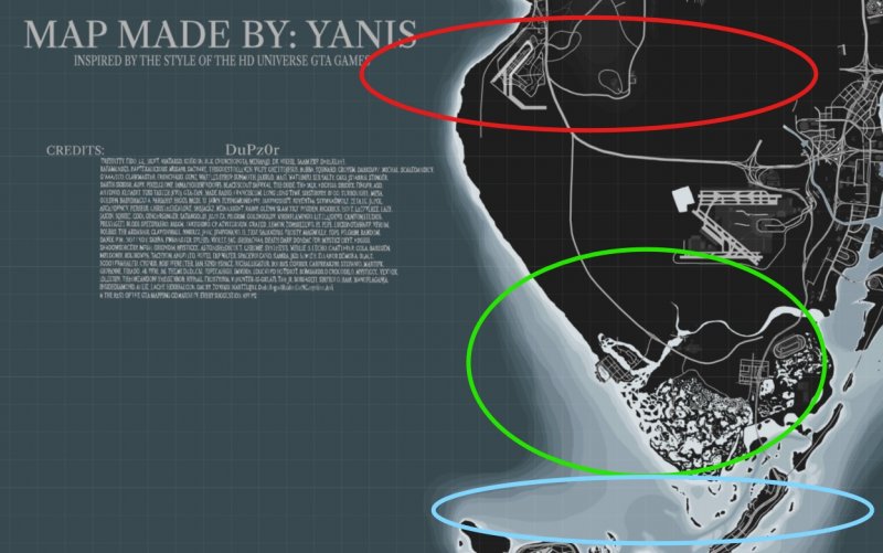 Questa sezione di mappa dovrebbe indicare in rosso la contea di Ambrosia e Port Gellhorn, in verde le Grasslands e in blu la parte più occidentale delle Keys