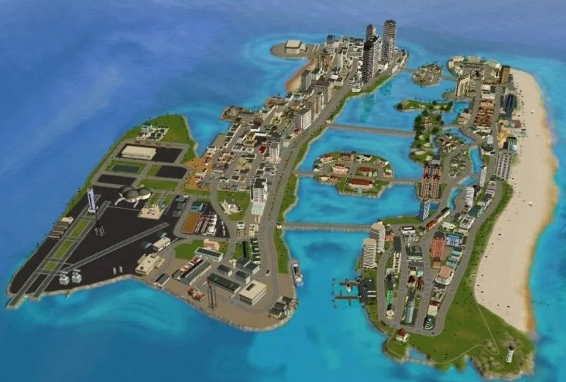 Una visuale aerea della vecchia Vice City: a ovest c'è la Mainland Miami, a est il quartiere di Miami Beach