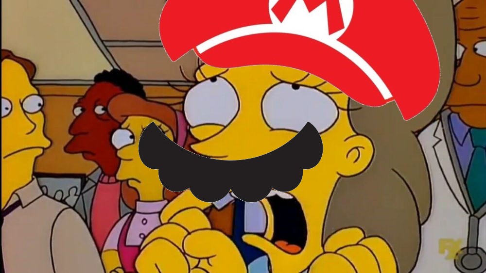 Il meme dei Simpson 'qualcuno pensi ai bambini' con baffi e cappello di super mario